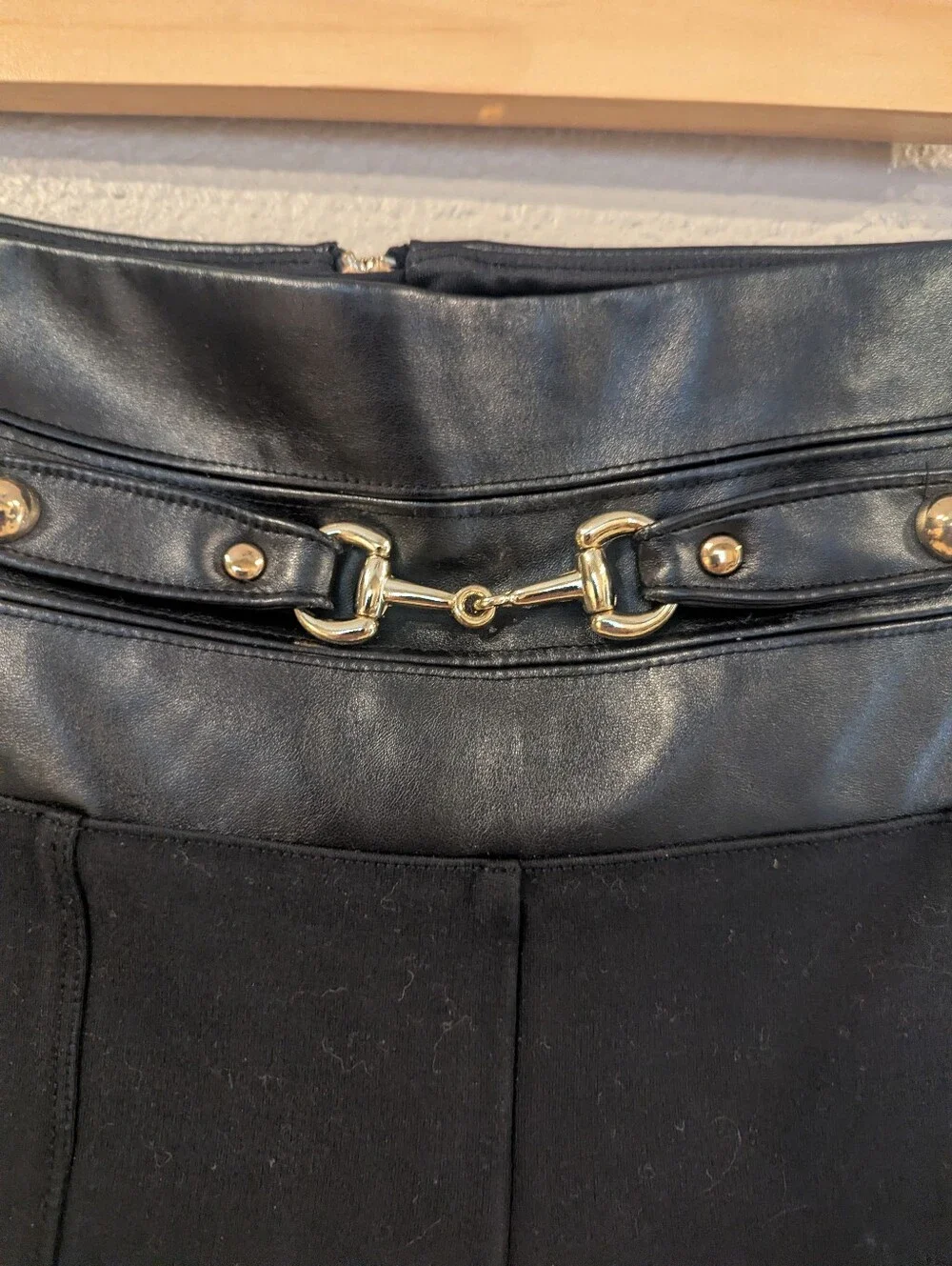 BEBE Black Ponte Leggings with Faux-Leather High Waist & Gold Hardware Small